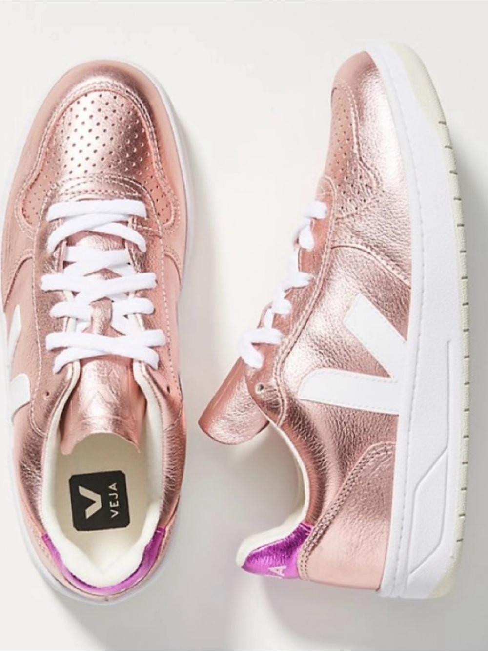 Veja Metallic Rose Gold Sneakers with White V and Purple Heel